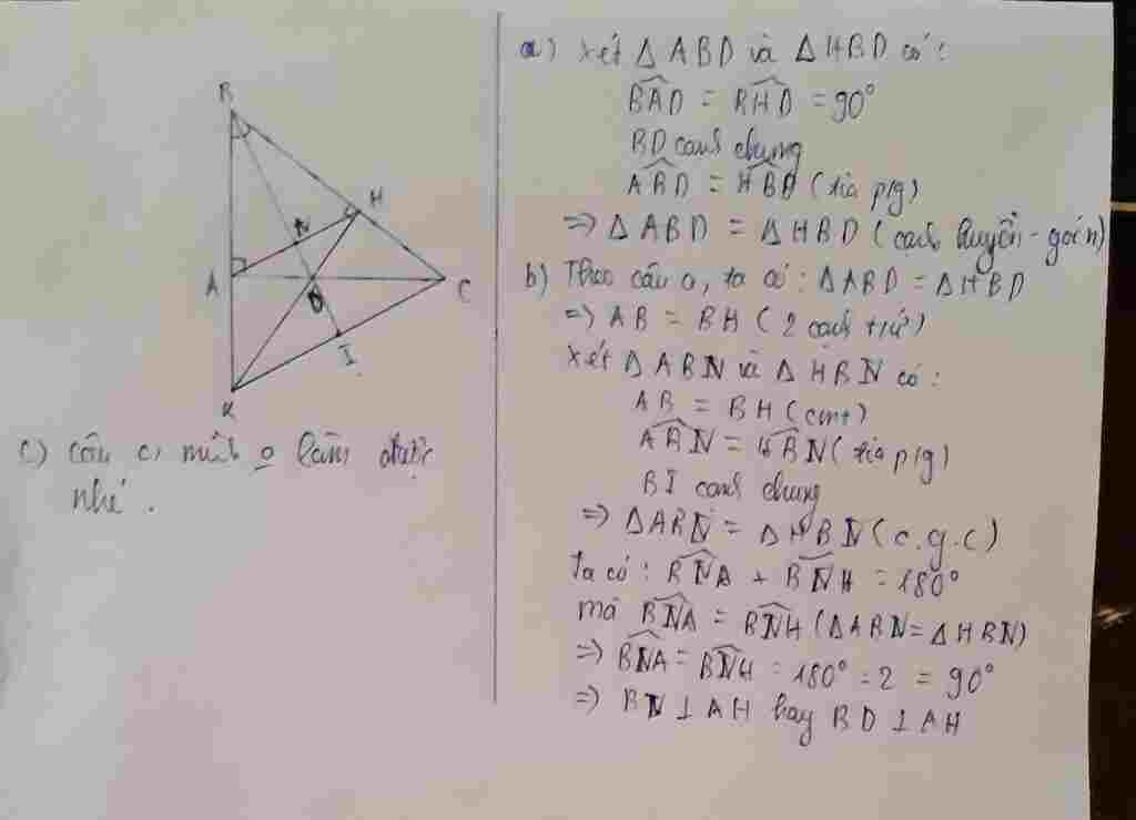 Toán Lớp 7 Cho tam giác ABC vuông tại A Tia phân giác của góc ABC cắt