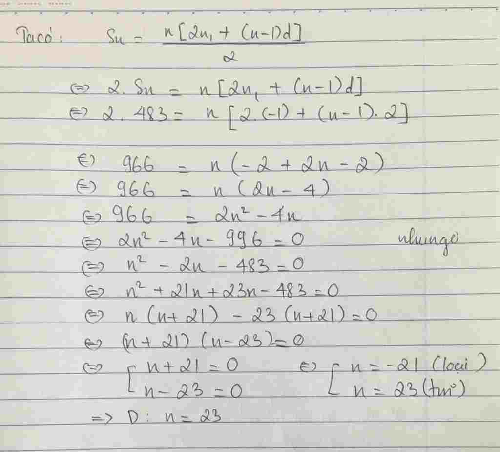 Toán Lớp 11: Cho CSC có $u_{1}$ = -1 ; d = 2 ; $S_{N}$ = 483. Tìm n của CSC? A. n = 20 B. n = 21 C. n = 22 D. n = 23 toan-lop-11-cho-csc-co-u-1-1-d-2-s-n-483-tim-n-cua-csc-a-n-20-b-n-21-c-n-22-d-n-23