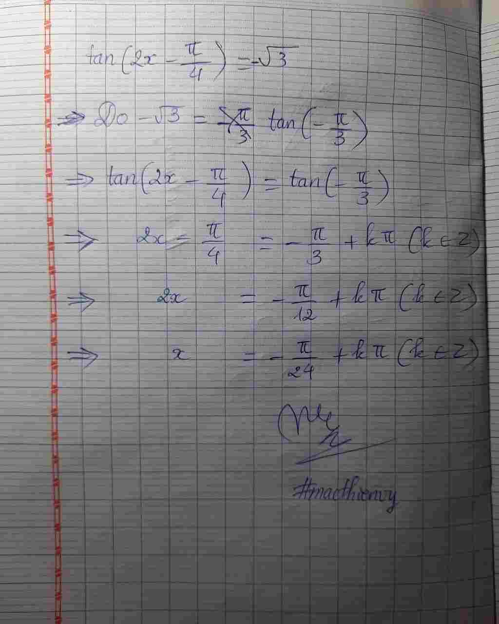 Toán Lớp 11: Nghiệm của phương trình tan (2x-π/4) = - √ 3 toan-lop-11-nghiem-cua-phuong-trinh-tan-2-4-3