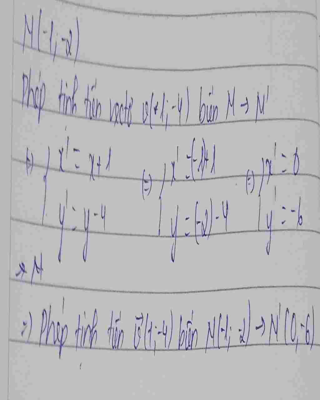 Toán Lớp 11: trong mặt phẳng có hệ tọa độ oxy cho điểm m(-1 ;-2) phép tịnh tiến vecto v=( 1 ; -4 ) biến điểm M thành điểm M' . tọa độ điểm M' là toan-lop-11-trong-mat-phang-co-he-toa-do-oy-cho-diem-m-1-2-phep-tinh-tien-vecto-v-1-4-bien-diem