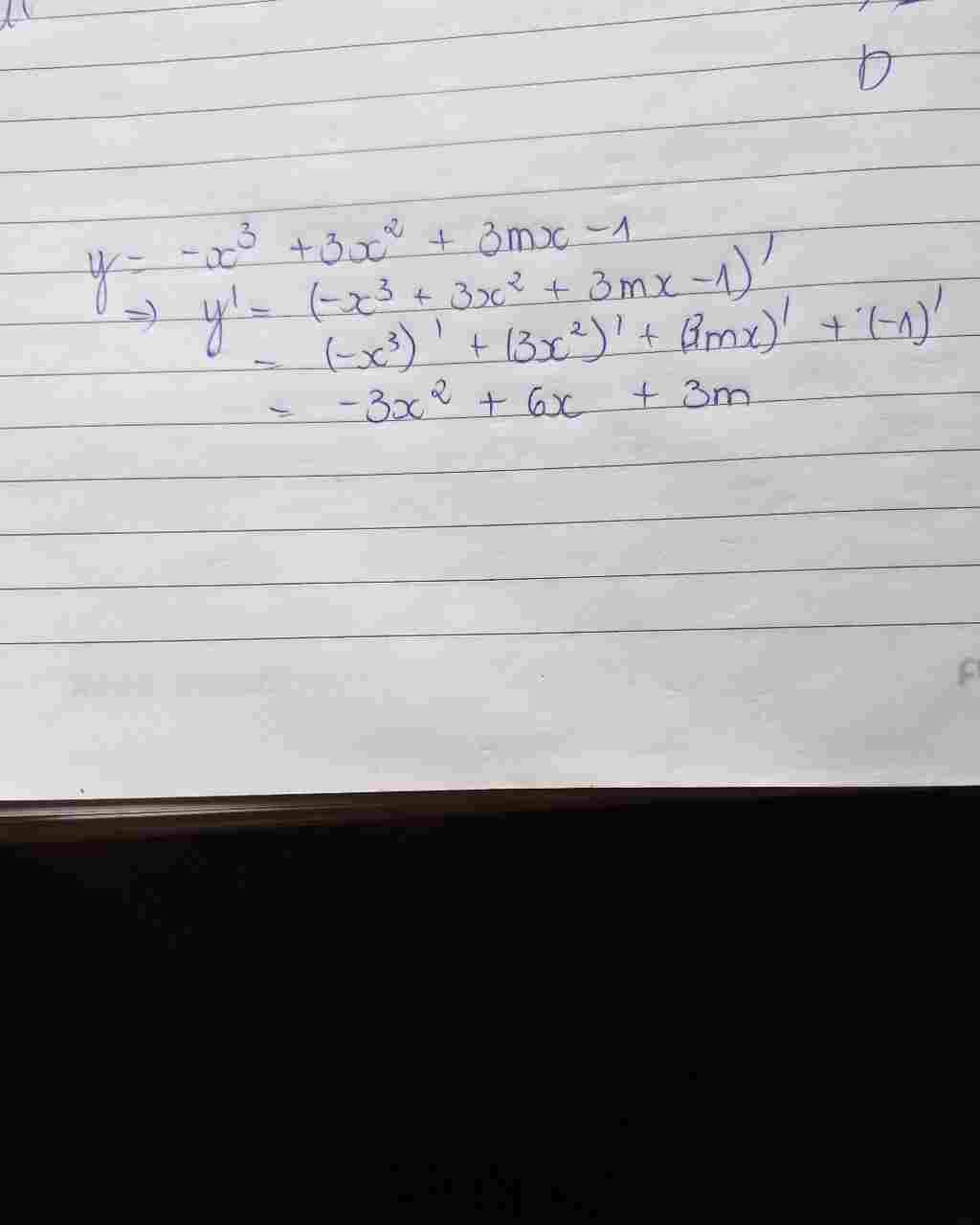 Toán Lớp 12: Tính đạo hàm y=-x^3+3x^2+3mx-1 toan-lop-12-tinh-dao-ham-y-3-3-2-3m-1