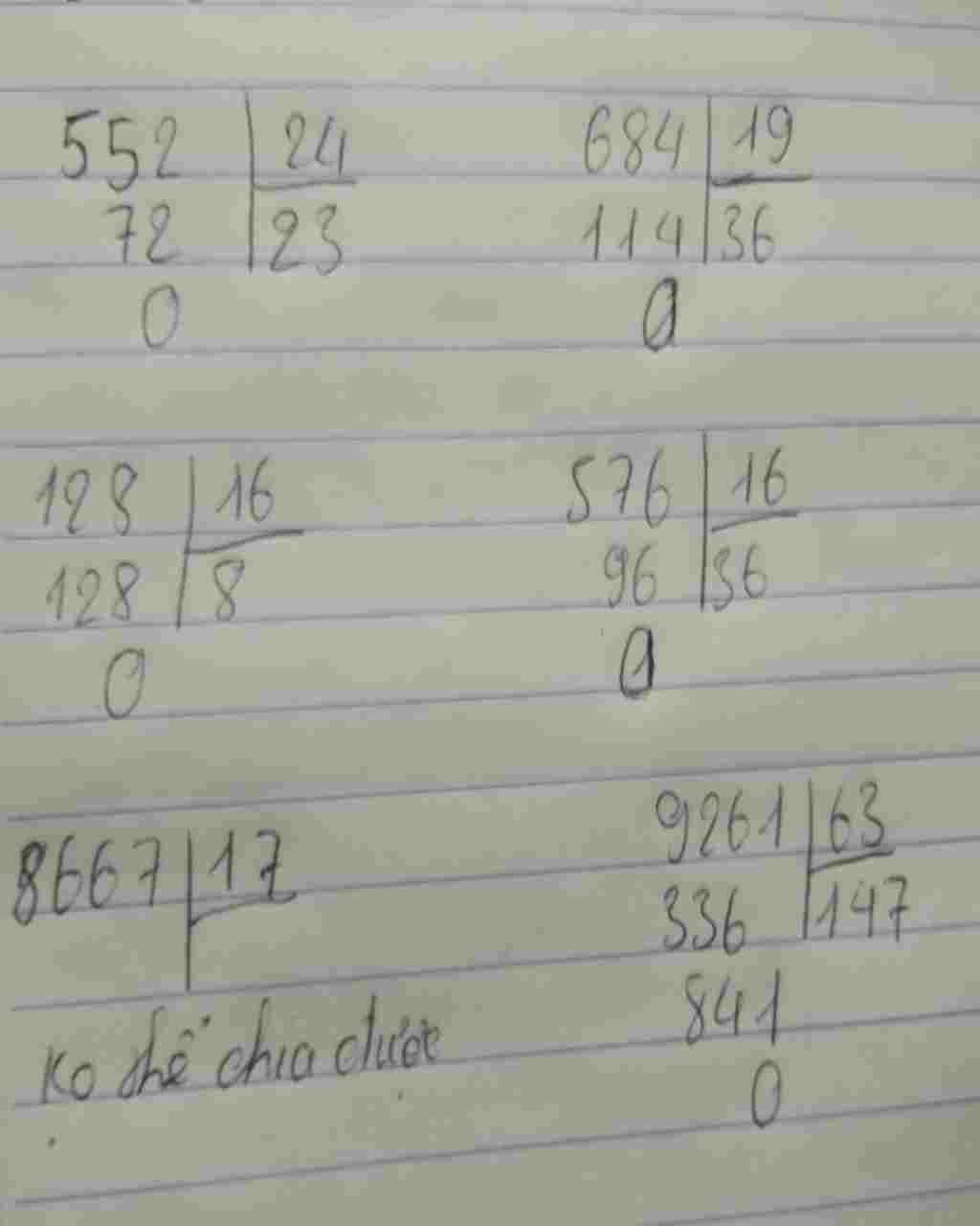 Toán Lớp 4: 552:24 684:19 128:16 576:16 8667:17 9261:63 Bằng mấy mn toan-lop-4-552-24-684-19-128-16-5-17-9261-63-bang-may-mn