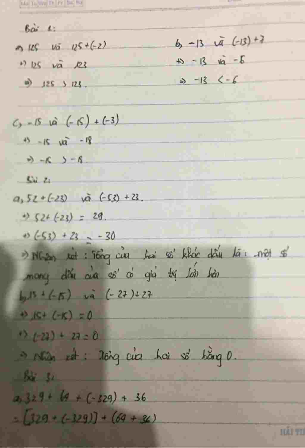 Toán Lớp 6: Bài 1 So sánh 125 và 125+(-2) -13 và (-13)+7 -15 và (-15)+(-3) Bài 2 Tính và nhận xét kết quả tìm được 52+(-23) và (-53)+23 15+(-15) và toan-lop-6-bai-1-so-sanh-125-va-125-2-13-va-13-7-15-va-15-3-bai-2-tinh-va-nhan-et-ket-qua-tim-du