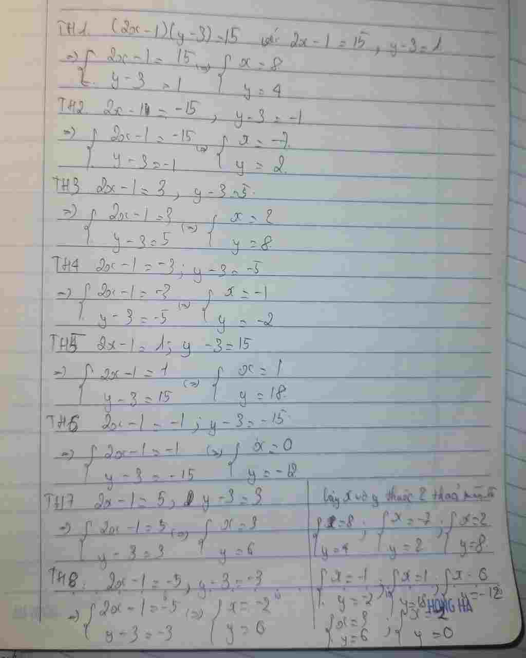 Toán Lớp 6: Tìm x và y thuộc z thỏa mãn (2x-1)(y-3)=15 toan-lop-6-tim-va-y-thuoc-z-thoa-man-2-1-y-3-15
