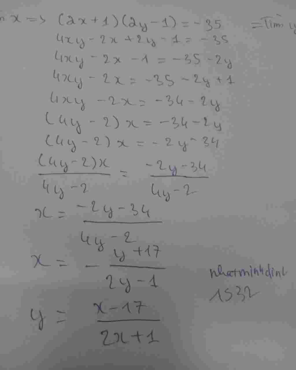 Toán Lớp 6: Tìm x , y ∈ ZZ biết : ( 2x + 1 ) ( 2y - 1 ) = -35 Các bạn chỉ cần phân tích ra thôi còn phần xét TH mik tự làm toan-lop-6-tim-y-zz-biet-2-1-2y-1-35-cac-ban-chi-can-phan-tich-ra-thoi-con-phan-et-th-mik-tu-lam