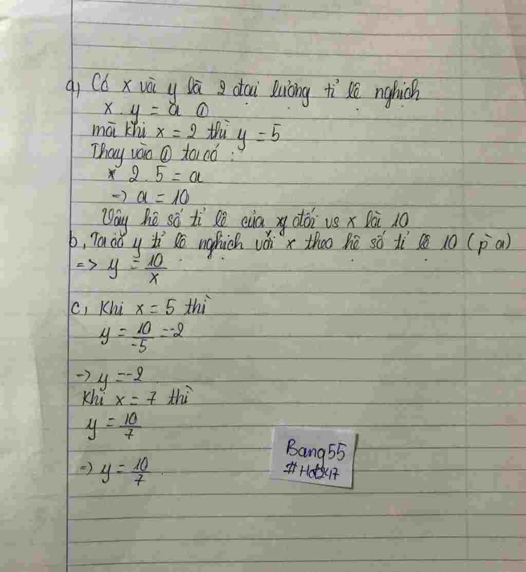 Toán Lớp 7: bài 1; cho biết x và y là hai đại lượng tỉ lệ nghịch và khi x=2 thì y=5 a) tìm hệ số tỉ lệ nghịch của y đối với x b) hãy biểu diễn y th toan-lop-7-bai-1-cho-biet-va-y-la-hai-dai-luong-ti-le-nghich-va-khi-2-thi-y-5-a-tim-he-so-ti-le