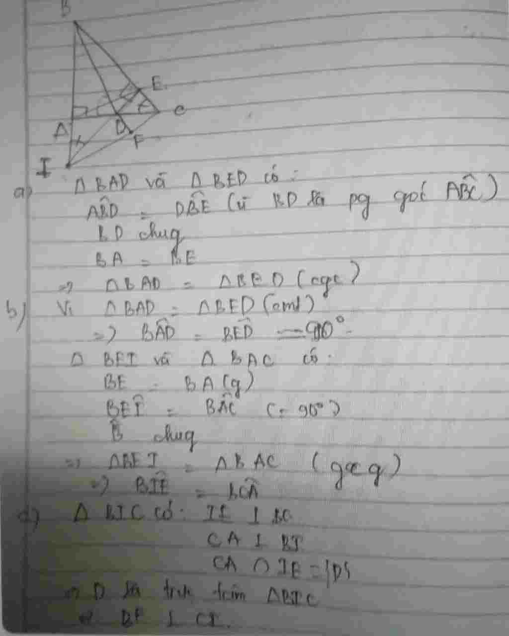 Toán Lớp 7: Bài 4. Cho tam giác ABC vuông tại A, tia phân giác góc B cắt cạnh AC tại D. Trên cạnh BC lấy điểm E sao cho BE = BA. Nối D với E a) Chứ toan-lop-7-bai-4-cho-tam-giac-abc-vuong-tai-a-tia-phan-giac-goc-b-cat-canh-ac-tai-d-tren-canh-bc