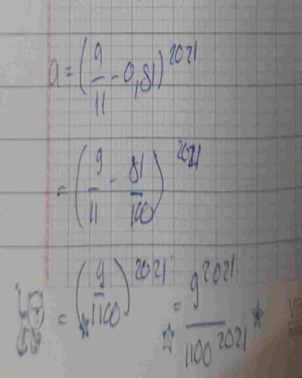 Toán Lớp 7: cho a = ( $\frac{9}{11}$ - 0,81 )^2021 . Tính tổng của 4000 chữ số đầu tiên sau dấu phẩy của a toan-lop-7-cho-a-frac-9-11-0-81-2021-tinh-tong-cua-4000-chu-so-dau-tien-sau-dau-phay-cua-a