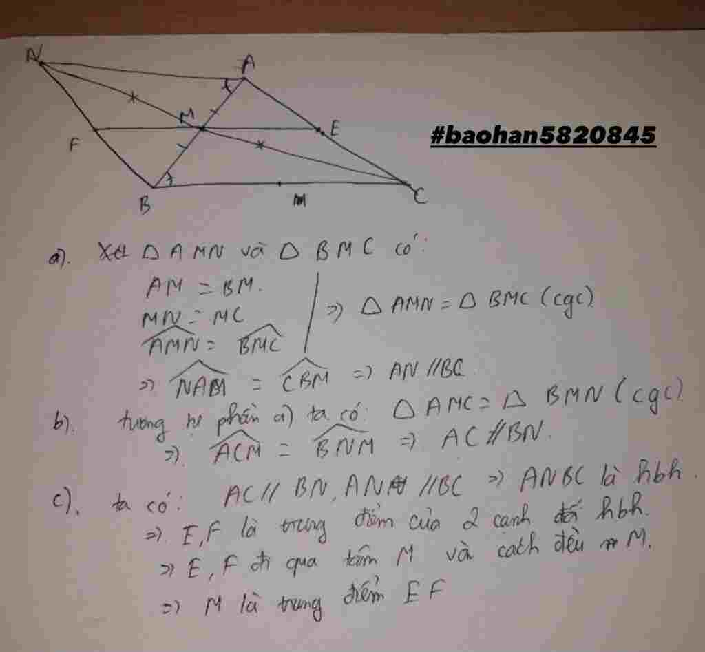 Toán Lớp 7: Cho ∆ ABC nhọn (AB < AC) và điểm M là trung điểm của cạnh AB. Trên tia đối của tia MC, lấy điểm N sao cho MN = MC. a) Chứng minh ΔAMN toan-lop-7-cho-abc-nhon-ab-ac-va-diem-m-la-trung-diem-cua-canh-ab-tren-tia-doi-cua-tia-mc-lay-di