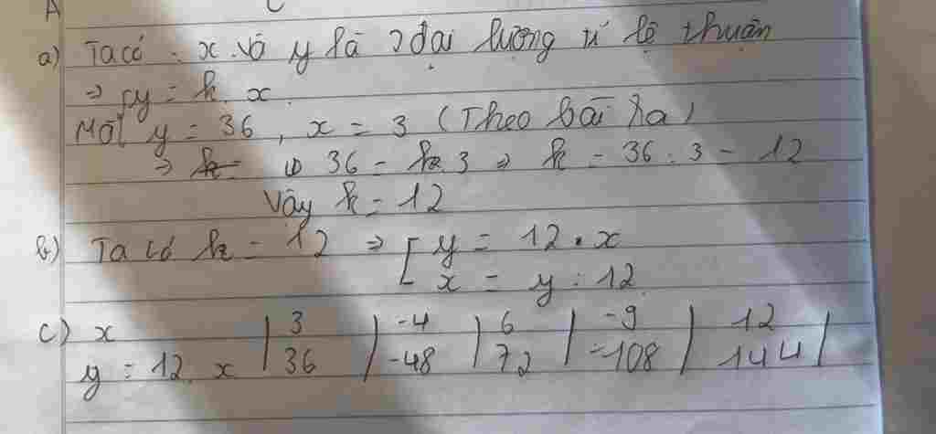 Toán Lớp 7: Cho biết đại lượng y tỉ lệ thuận với đại lượng x theo hệ số tỉ lệ là k và khi x = 3 thì y = 36 a) Tìm hệ số tỉ lệ k. b) Viết công thức toan-lop-7-cho-biet-dai-luong-y-ti-le-thuan-voi-dai-luong-theo-he-so-ti-le-la-k-va-khi-3-thi-y-3