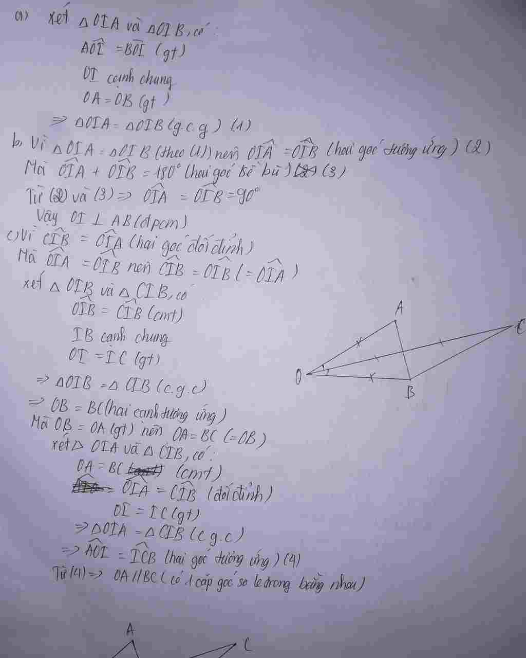 Toán Lớp 7: Cho ∆OAB có OA=OB. Tia phân giác của góc AOB cắt AB ở I a) chứng minh ∆OIA=∆OIB b) chứng minh OI vuông góc vs AB c) trên tia OI lấy đ toan-lop-7-cho-oab-co-oa-ob-tia-phan-giac-cua-goc-aob-cat-ab-o-i-a-chung-minh-oia-oib-b-chung-mi