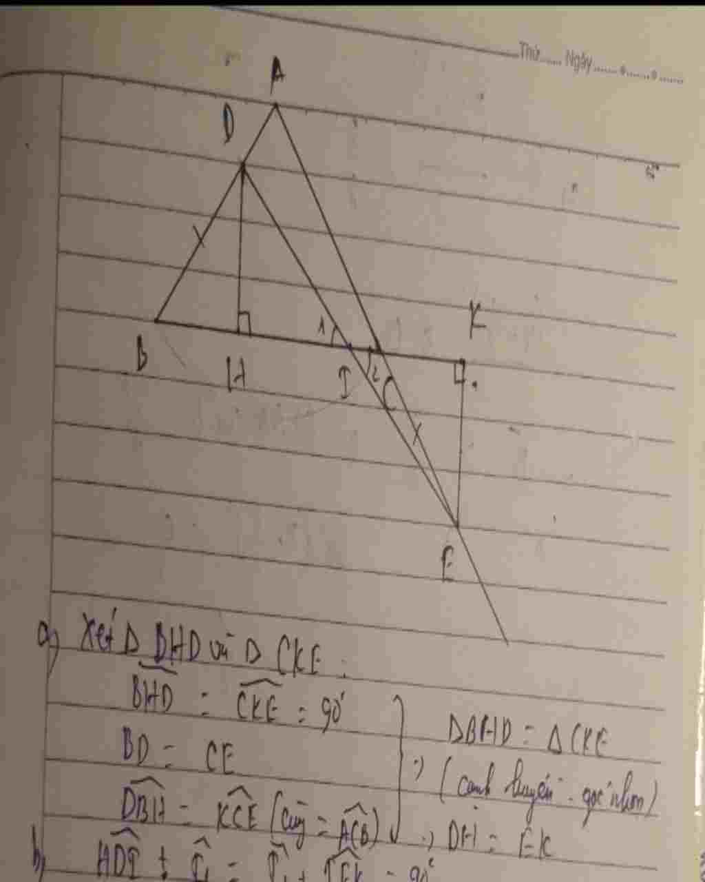 Toán Lớp 7: Cho tam giác ABC cân tại A. Trên cạnh AB lấy điểm D. Trên tia đối của tia CA lấy điểm E sao cho BD = CE. Kẻ DH, EK vuông góc với BC (H, toan-lop-7-cho-tam-giac-abc-can-tai-a-tren-canh-ab-lay-diem-d-tren-tia-doi-cua-tia-ca-lay-diem-e