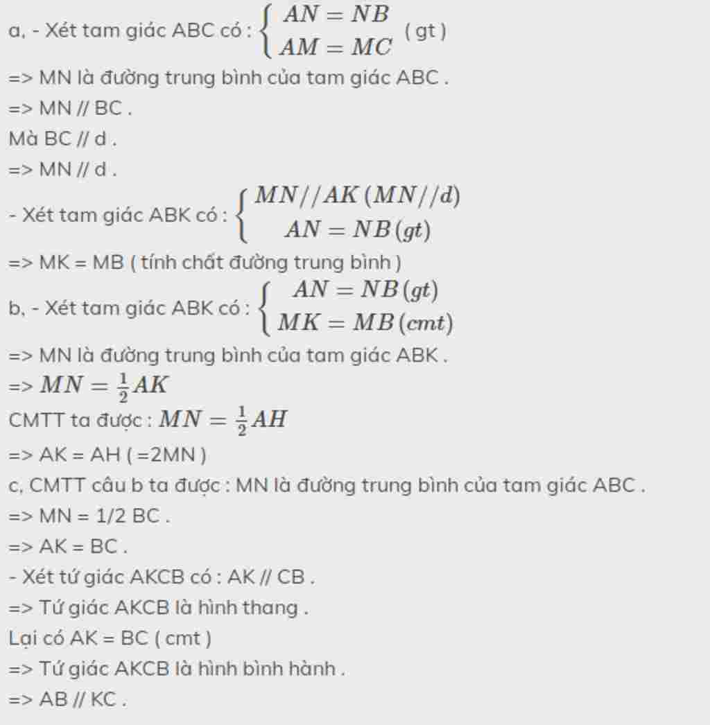 Toán Lớp 7: Cho Tam Giác ABC Có M Và N Lần Lượt Là Trung điểm Của Hai ...