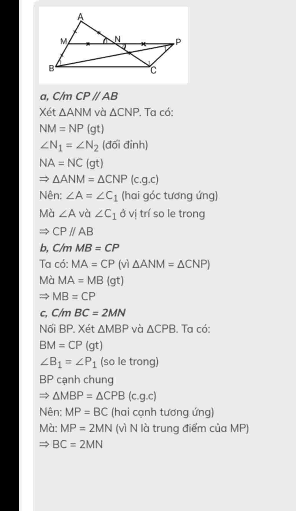 Toán Lớp 7: Cho Tam Giác Abc . Gọi M,n Lần Lượt Là Trung điểm Của Ab ...