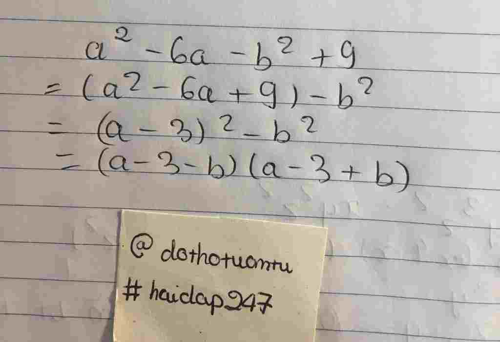 Toán Lớp 8: $a^{2}$ -6a- $b^{2}$ + 9 giúp mình với toan-lop-8-a-2-6a-b-2-9-giup-minh-voi