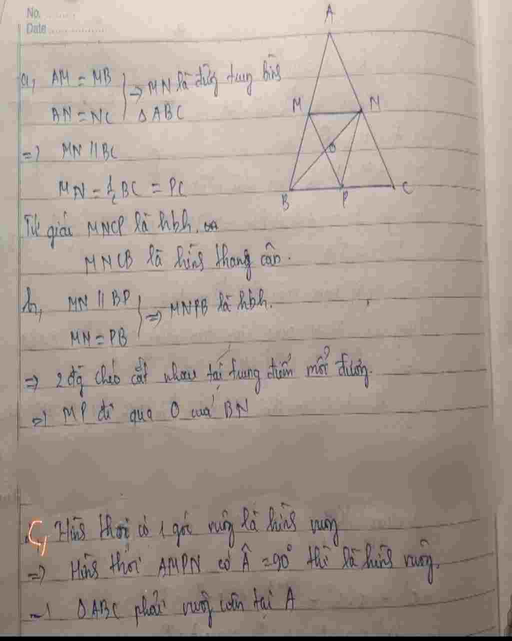 Toán Lớp 8: Bài 4. Cho ∆ABC cân (AB = AC). Gọi M, N, P lần lượt là trung điểm của các cạnh AB, AC, BC. a) Tứ giác MNCB là hình gì? Vì sao? b) Chứng toan-lop-8-bai-4-cho-abc-can-ab-ac-goi-m-n-p-lan-luot-la-trung-diem-cua-cac-canh-ab-ac-bc-a-tu-g
