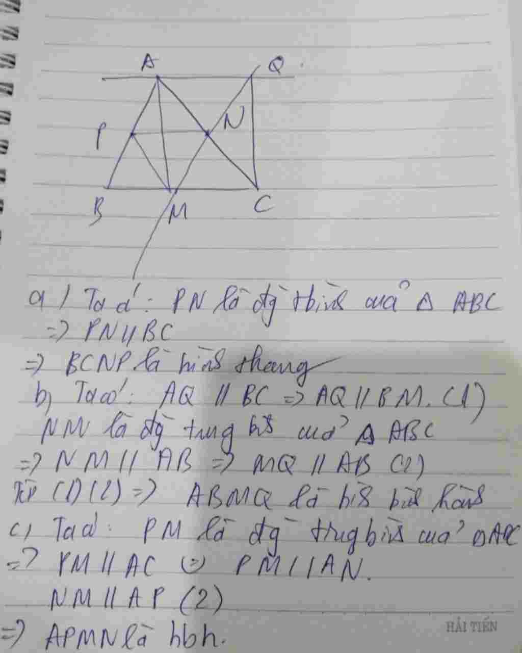 Toán Lớp 8: Cho ∆ABC. Gọi M, N, P theo thứ tự là trung điểm của BC, AC, AB. Qua A vẽ đường thẳng song song với BC cắt MN tại Q. 1) Chứng minh tứ gi toan-lop-8-cho-abc-goi-m-n-p-theo-thu-tu-la-trung-diem-cua-bc-ac-ab-qua-a-ve-duong-thang-song-so
