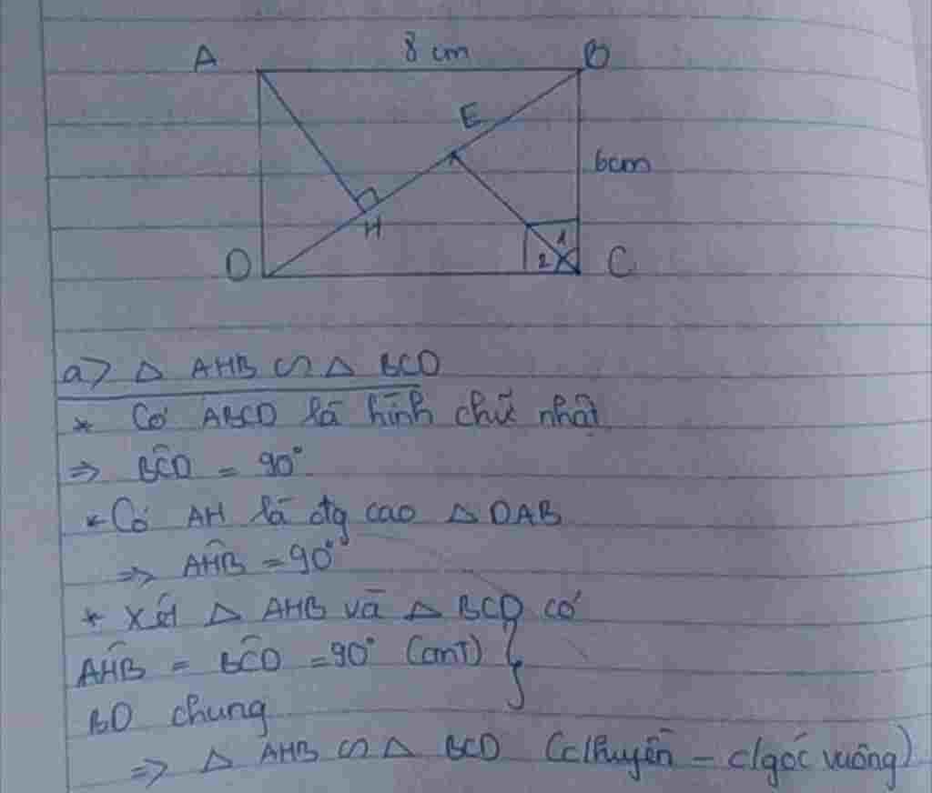 Toán Lớp 8 Cho hình chữ nhật ABCD có AB 8cm BC 6cm Gọi H là chân đường vuông góc kẻ từ A