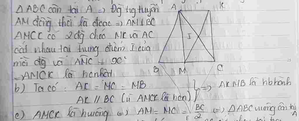 Toán Lớp 8: Cho tam giác ABC cân tại A. Điểm M và điểm I theo thứ tự là trung điểm của cạnh đáy BC và cạnh bên AC. Gọi K là điểm đối xứng với điểm toan-lop-8-cho-tam-giac-abc-can-tai-a-diem-m-va-diem-i-theo-thu-tu-la-trung-diem-cua-canh-day-bc