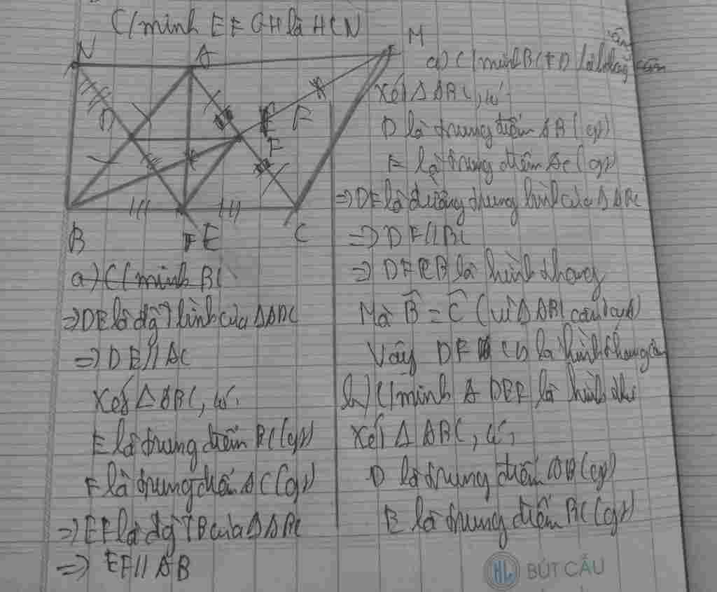Toán Lớp 8: Cho tam giác ABC cân tại A.Gọi D, E, F theo thứ tự là trung điểm của AB, BC, AC.Vẽ điểm M là điểm đối xứng của điểm B qua điểm F và đi toan-lop-8-cho-tam-giac-abc-can-tai-a-goi-d-e-f-theo-thu-tu-la-trung-diem-cua-ab-bc-ac-ve-diem-m