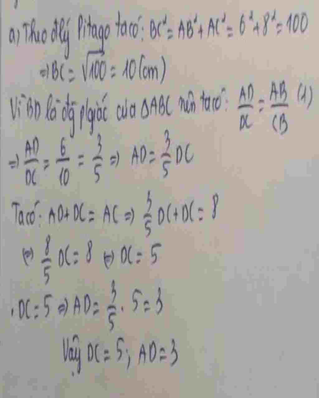 Toán Lớp 8: Cho tam giác ABC vuông ở A, AB = 6, AC = 8; đường cao AH, phân giác BD. Gọi I là giao điểm của AH và BD. a. Tính AD, DC. b. Chứng minh toan-lop-8-cho-tam-giac-abc-vuong-o-a-ab-6-ac-8-duong-cao-ah-phan-giac-bd-goi-i-la-giao-diem-cua