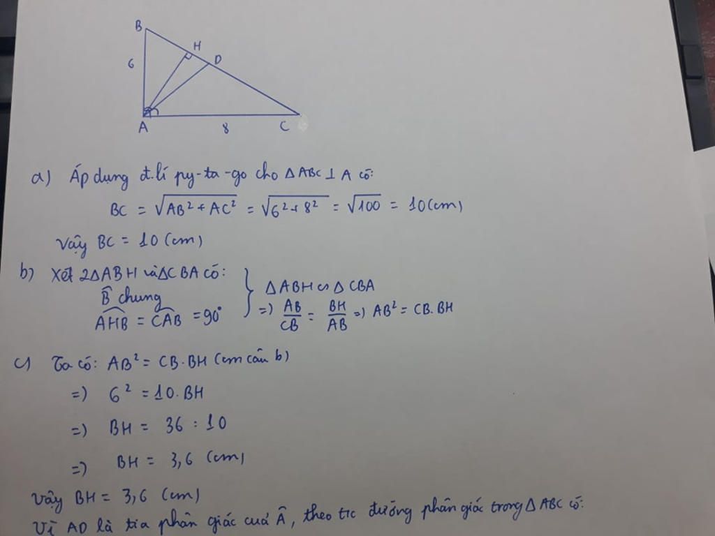 Toán Lớp 8: Cho Tam Giác ABC Vuông ở A , Có AB=6cm ; Ac= 8cm. VẼ đường ...