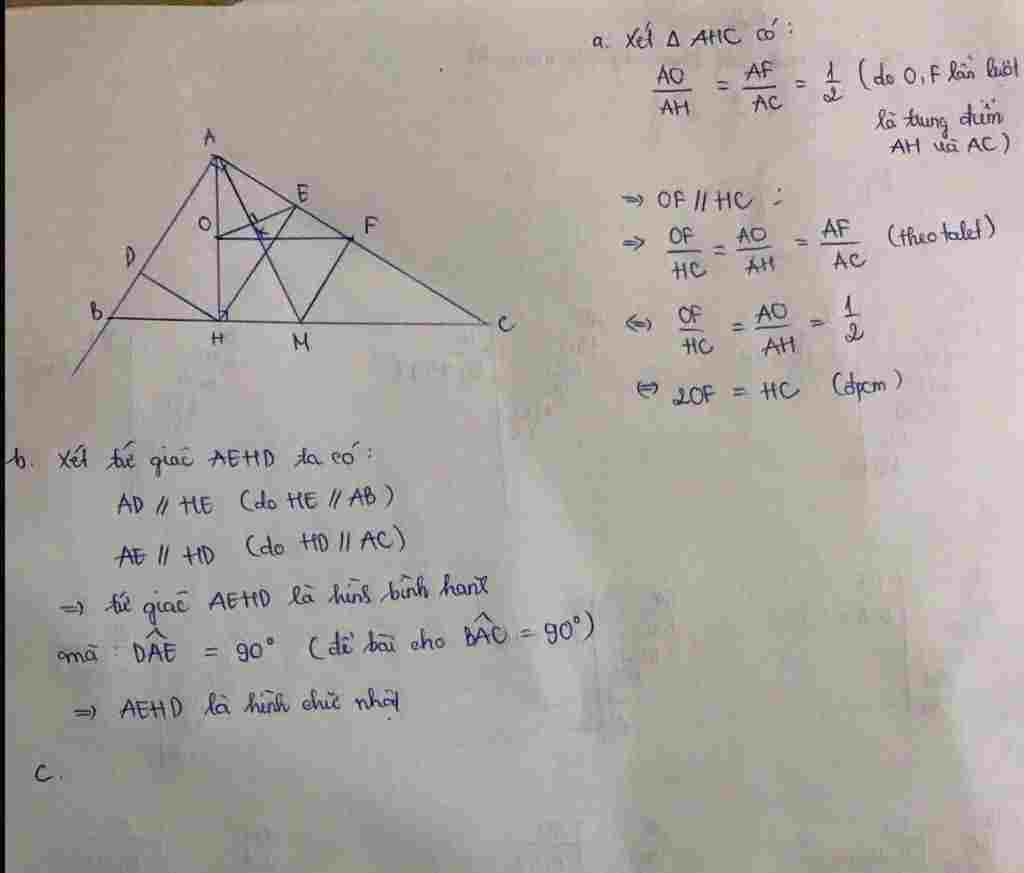 Toán Lớp 8: Cho tam giác ABC vuông tại A (AB < AC). Kẻ AH vuông góc BC (H thuộc BC) . Gọi O, F lần lượt là trung điểm của AH, AC. a) Chứng minh: HC toan-lop-8-cho-tam-giac-abc-vuong-tai-a-ab-ac-ke-ah-vuong-goc-bc-h-thuoc-bc-goi-o-f-lan-luot-la