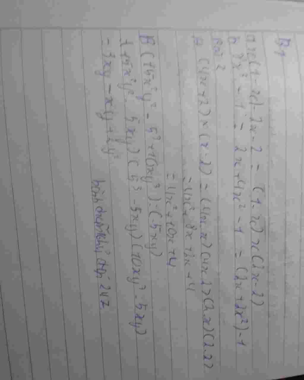 Toán Lớp 8: Giúp tôi vs 1 phân tích đa thức sau thành nhân tử A,x(1-x)-2x-2 B,8x^3+1 Bài 2 thực hiên phép tính A,(4x+2)×(x-2) B,(15x^2y^2-5^3+10x toan-lop-8-giup-toi-vs-1-phan-tich-da-thuc-sau-thanh-nhan-tu-a-1-2-2-b-8-3-1-bai-2-thuc-hien-phe