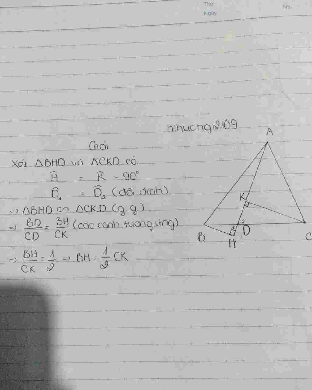Toán Lớp 8: tam giác abc, d thuộc bc , bd=1/2cd , bh và ck vuông góc với ad . cm bh=1/2 ck toan-lop-8-tam-giac-abc-d-thuoc-bc-bd-1-2cd-bh-va-ck-vuong-goc-voi-ad-cm-bh-1-2-ck