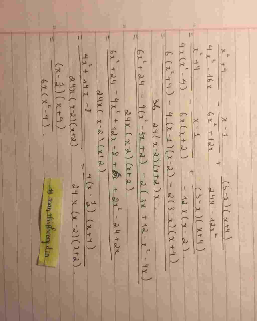 Toán Lớp 8: Thực hiện phép tính: $\frac{x bình+4}{4x mũ ba-16x}$ - $\frac{x-1}{6x bình+12x}$ + $\frac{(3-x)(x+4)}{24x-12x bình}$ toan-lop-8-thuc-hien-phep-tinh-frac-binh-4-4-mu-ba-16-frac-1-6-binh-12-frac-3-4-24-12-binh