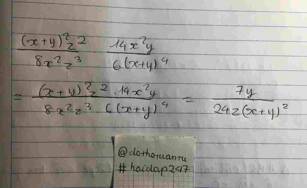 Toán Lớp 8: thực hiện phép tính sau: ((x+y)^2z^2)/(8x^2z^3).(14x^2y)/(6(x+y)^4 ________ không làm tắt. toan-lop-8-thuc-hien-phep-tinh-sau-y-2z-2-8-2z-3-14-2y-6-y-4-khong-lam-tat