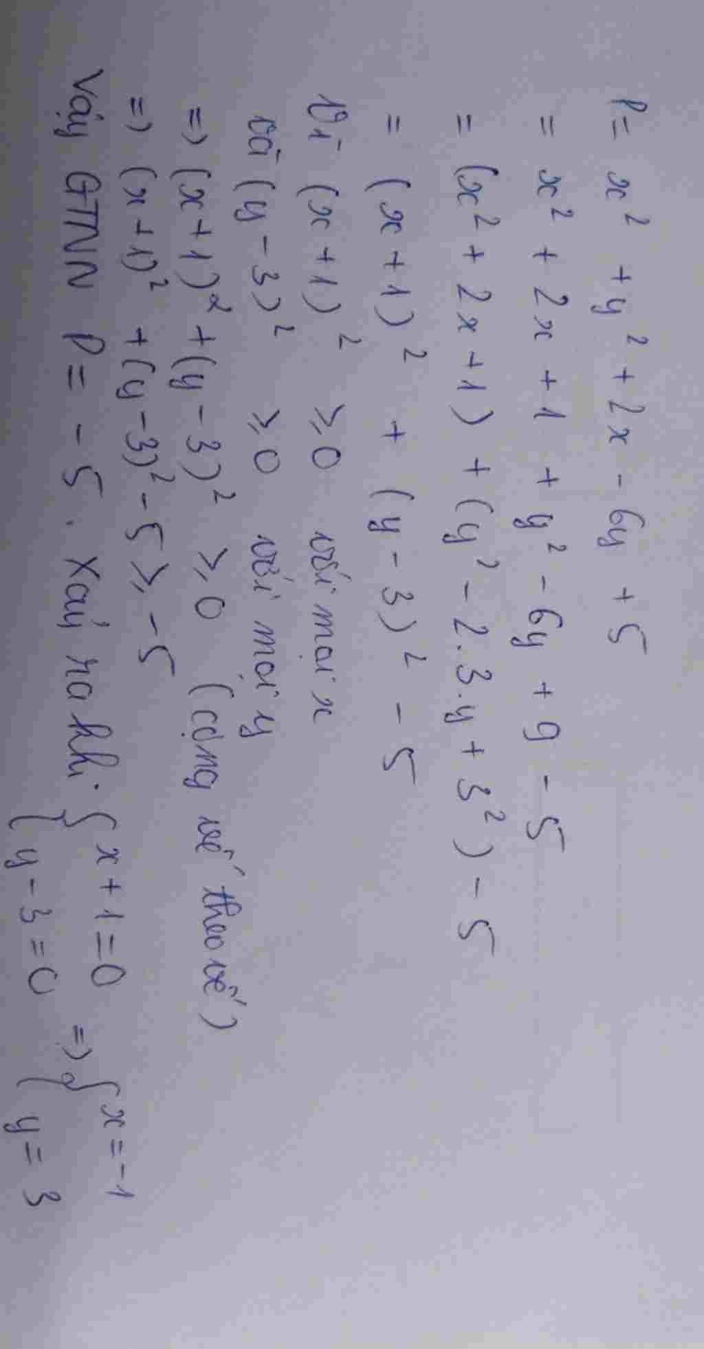 Toán Lớp 8: tìm giá trị nhỏ nhất của P= x^2+y^2+2x-6y+5 toan-lop-8-tim-gia-tri-nho-nhat-cua-p-2-y-2-2-6y-5