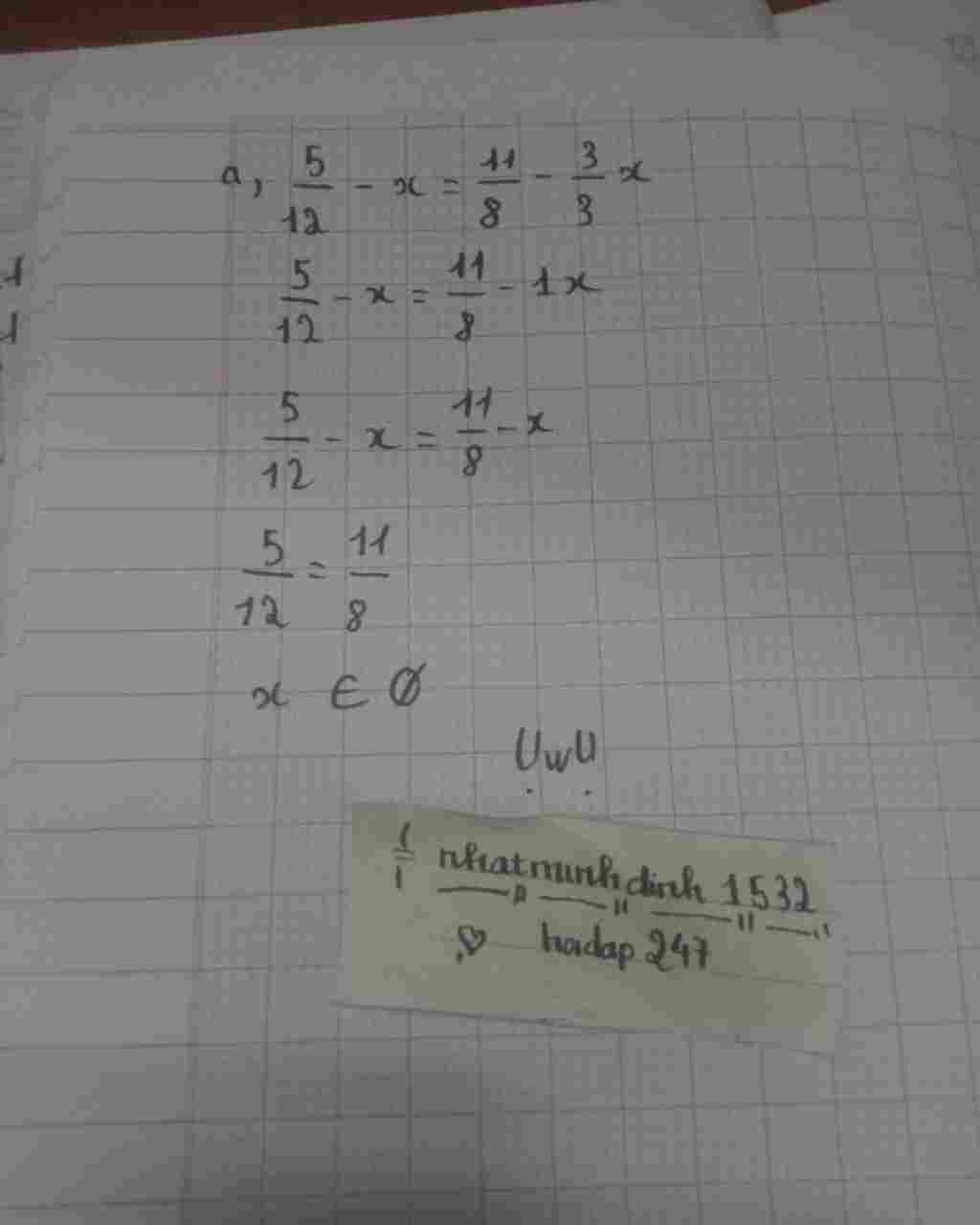 Toán Lớp 8: tính hợp lý a, 5/12-x=11/8-3/3 và x toan-lop-8-tinh-hop-ly-a-5-12-11-8-3-3-va