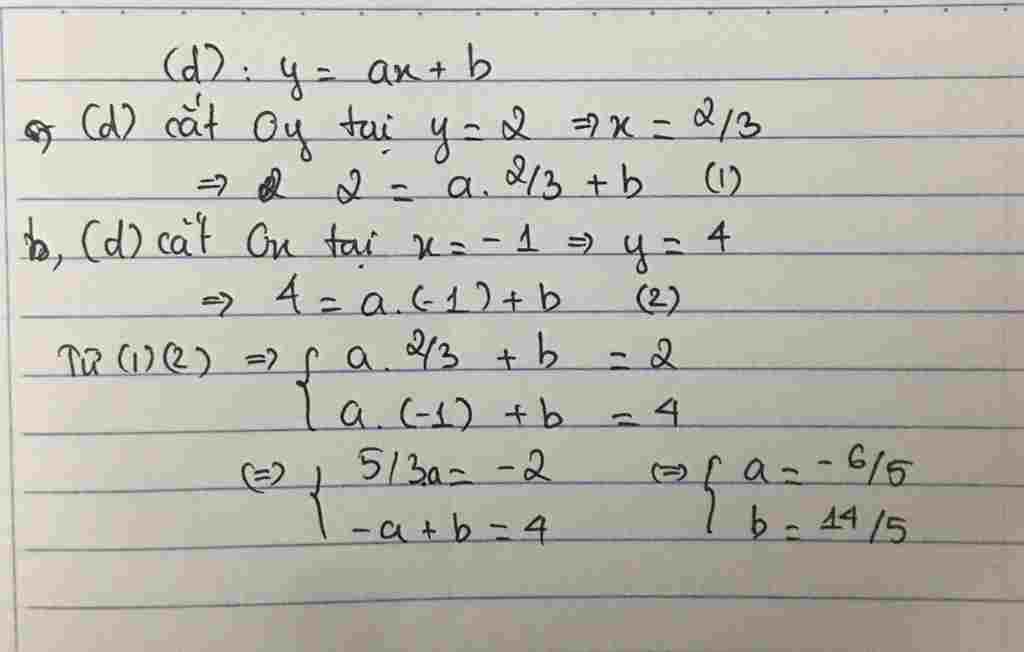 Toán Lớp 9: cho đt d : y=ax+b . tìm a,b để dthi hs song song với đt y=3x cắt trục tung tại điểm costung độ bằng 2 dth song song vs đt y=-4x và cát toan-lop-9-cho-dt-d-y-a-b-tim-a-b-de-dthi-hs-song-song-voi-dt-y-3-cat-truc-tung-tai-diem-costung