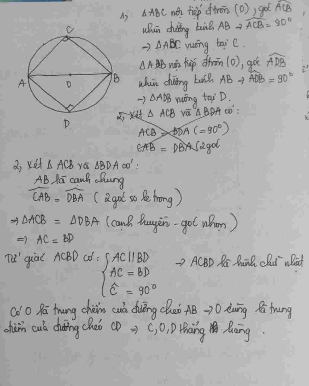 Toán Lớp 9: Cho đường tròn tâm O đường kính AB. Vẽ hai dây AC // BD. a. Tam giác ABC và ADB là tam giác gì? b. Chứn minh AC = BD c. Chứng minh toan-lop-9-cho-duong-tron-tam-o-duong-kinh-ab-ve-hai-day-ac-bd-a-tam-giac-abc-va-adb-la-tam-giac