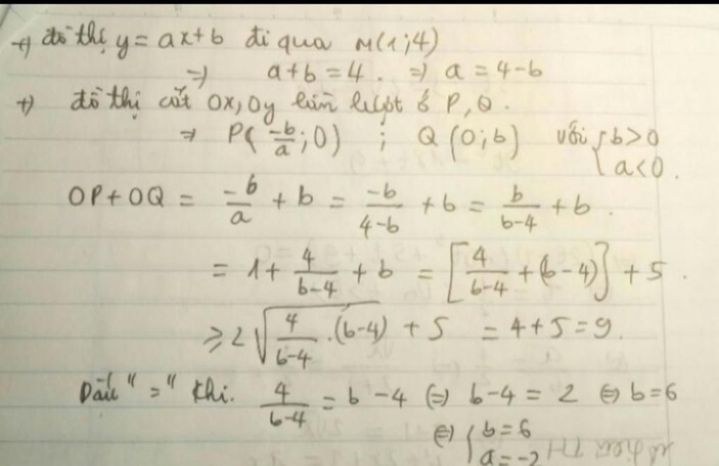 Toán Lớp 9: Cho hàm số bậc nhất y=ax+bcó đồ thị là đường thẳng đi qua M (1;4 ). Biết đồ thị của hàm số đã cho cắt trục hoành tại điểm A có hoành toan-lop-9-cho-ham-so-bac-nhat-y-a-b-co-do-thi-la-duong-thang-di-qua-m-1-4-biet-do-thi-cua-ham-s