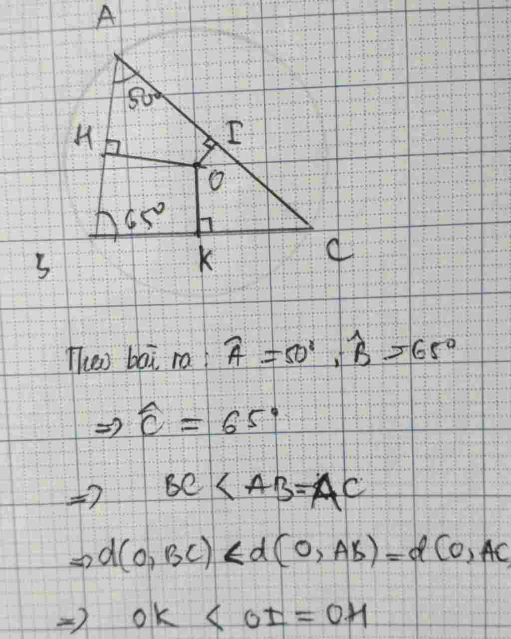 Toán Lớp 9: Cho tam giác ABC nội tiếp đường tròn tâm O. Biết A= 50 độ, B= 65 độ. Kẻ OH vuông AB, OI vuông AC, OK vuông BC. So sánh OH, OI, OK toan-lop-9-cho-tam-giac-abc-noi-tiep-duong-tron-tam-o-biet-a-50-do-b-65-do-ke-oh-vuong-ab-oi-vuo