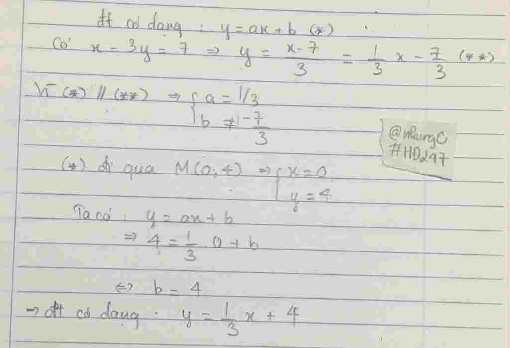 Toán Lớp 9: đường thg đi qua điểm M(O;4) và song song vs đường thg có pt x-3y=7 toan-lop-9-duong-thg-di-qua-diem-m-o-4-va-song-song-vs-duong-thg-co-pt-3y-7
