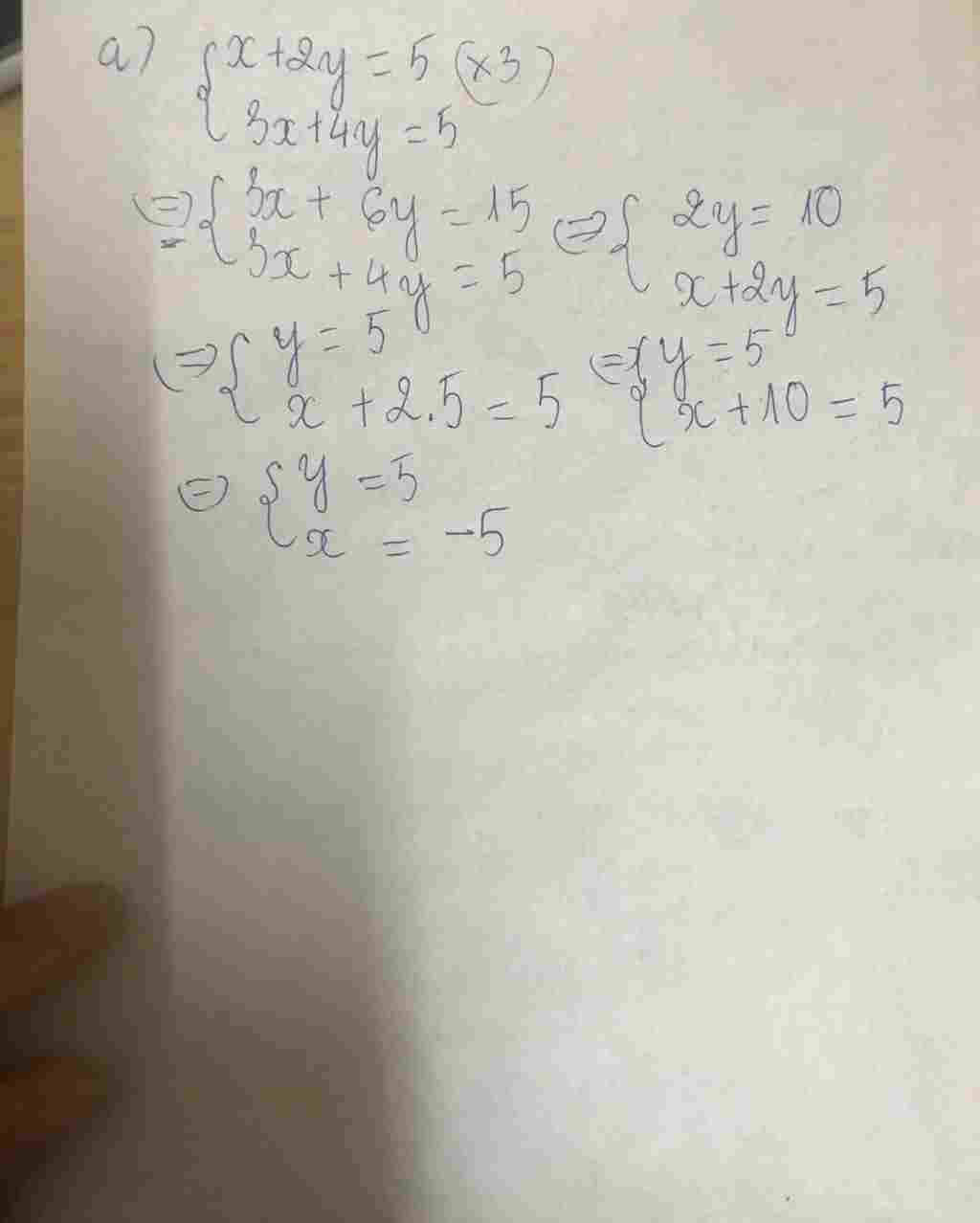 Toán Lớp 9: Giải hệ pt a)x+2y=5 3x+4y=5 b)3x+y=3 2x-y=7 toan-lop-9-giai-he-pt-a-2y-5-3-4y-5-b-3-y-3-2-y-7